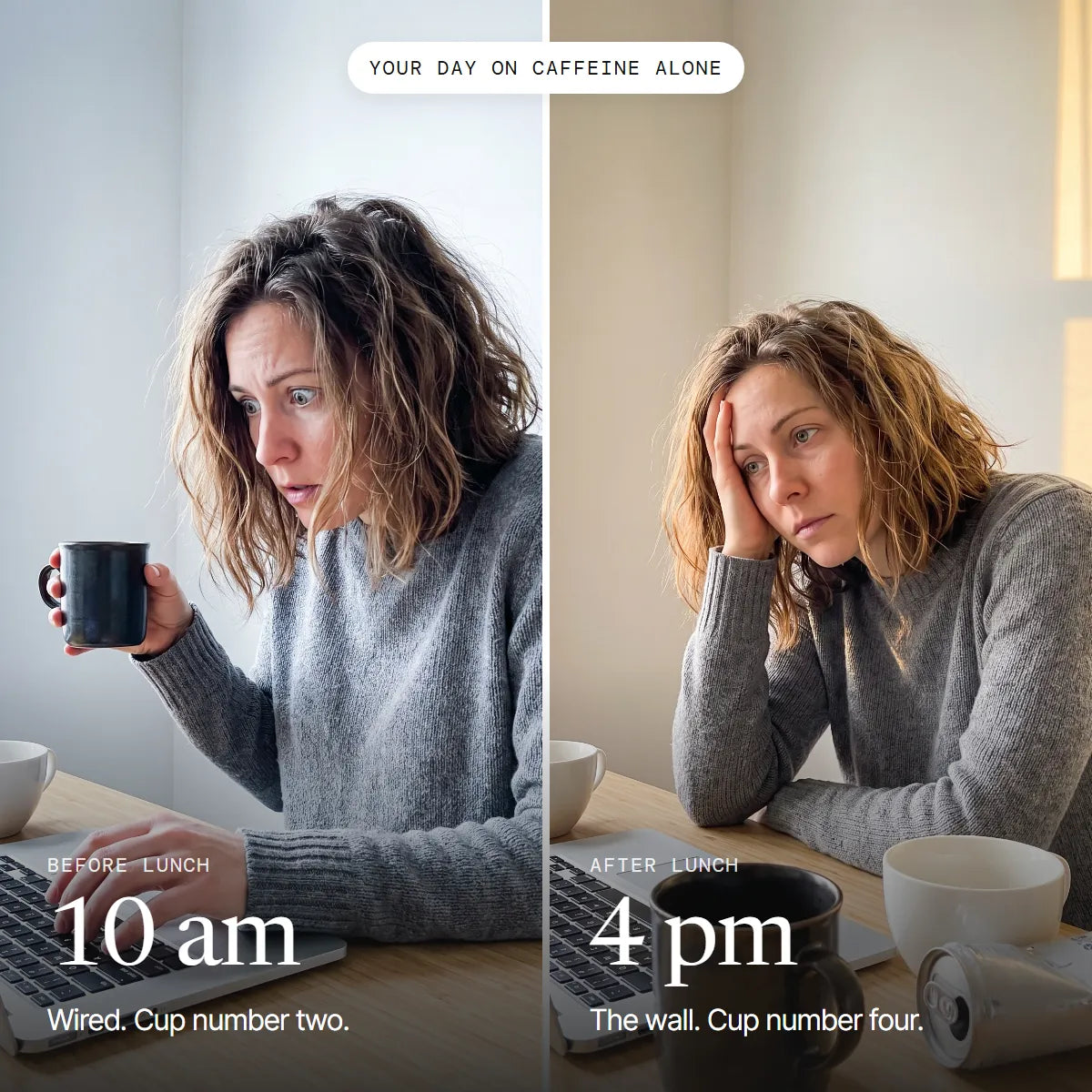 The same workday at 10am and at 4pm on caffeine alone