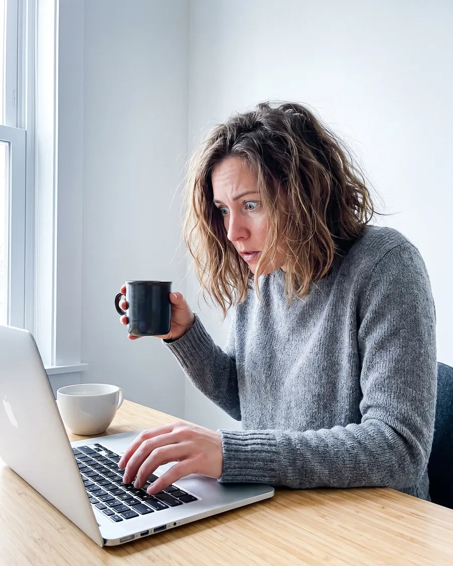 A woman at her desk at 10am, wired, holding her second coffee