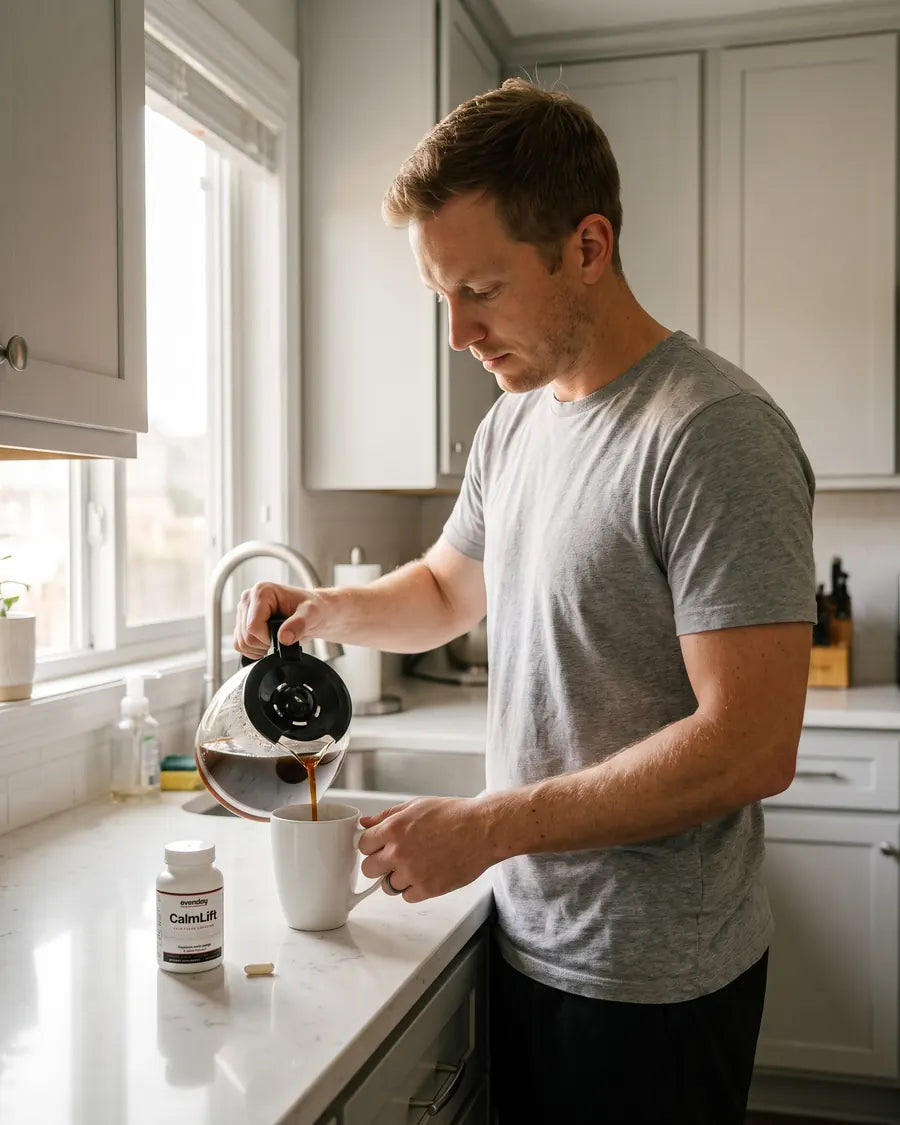 A man pours his morning coffee next to a bottle of CalmLift