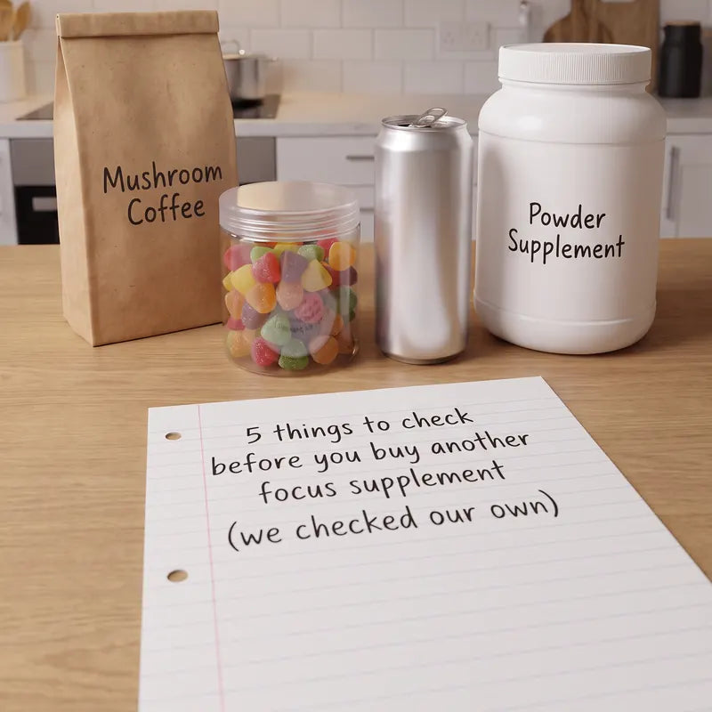 A handwritten note on a kitchen counter: 5 things to check before you buy another focus supplement (we checked our own)