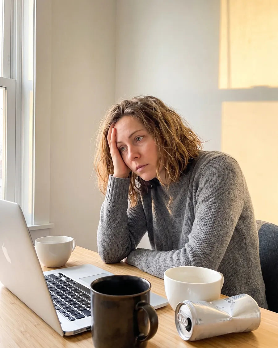 The same woman at 4pm, head in her hand, empty cups and a can on the desk